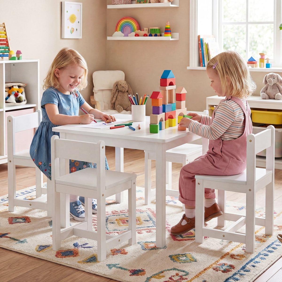 5-Piece Kids Table and Chairs Set Solid Rubber Wood Toddler Activity Table-White view 3