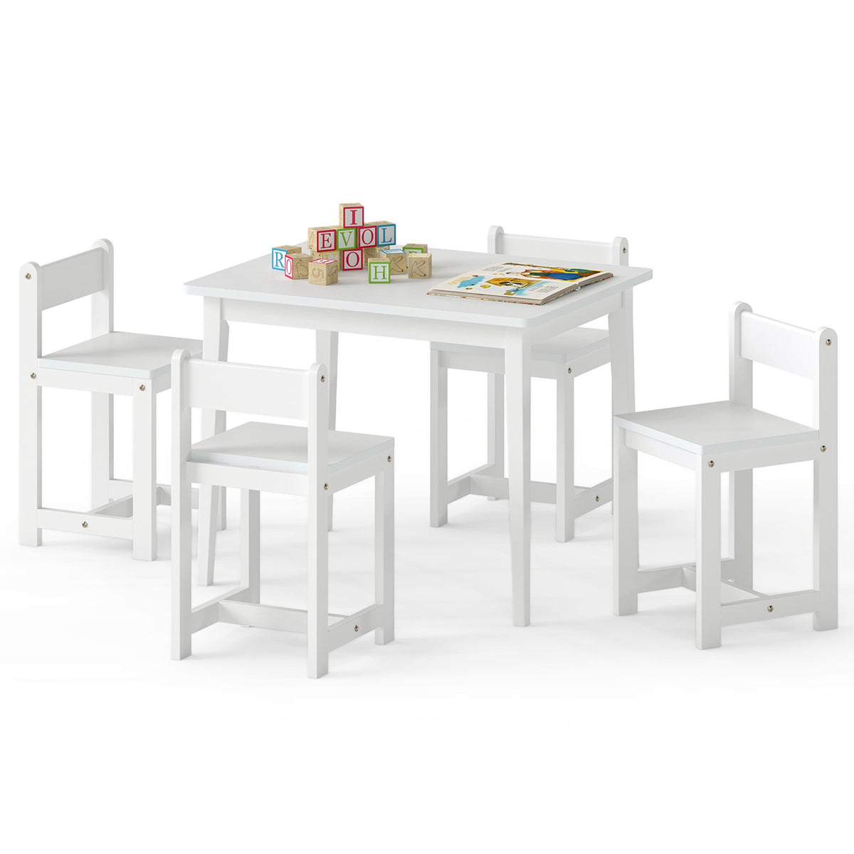5-Piece Kids Table and Chairs Set Solid Rubber Wood Toddler Activity Table-White view 4