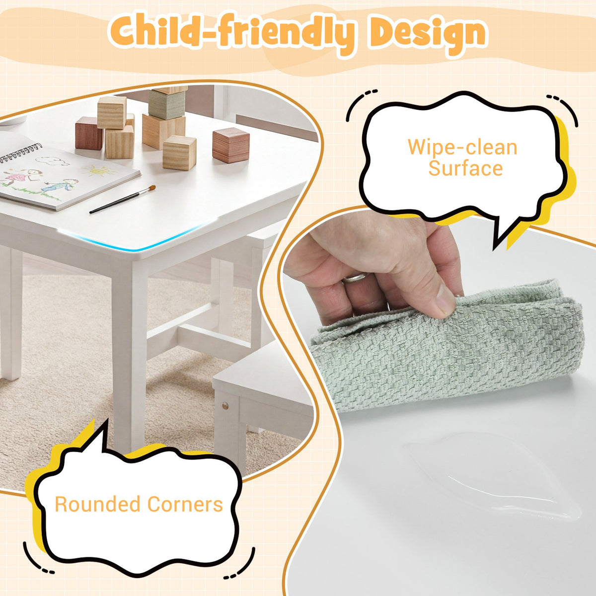 5-Piece Kids Table and Chairs Set Solid Rubber Wood Toddler Activity Table-White view 7