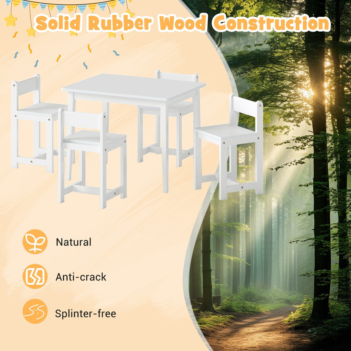 5-Piece Kids Table and Chairs Set Solid Rubber Wood Toddler Activity Table-White view 8