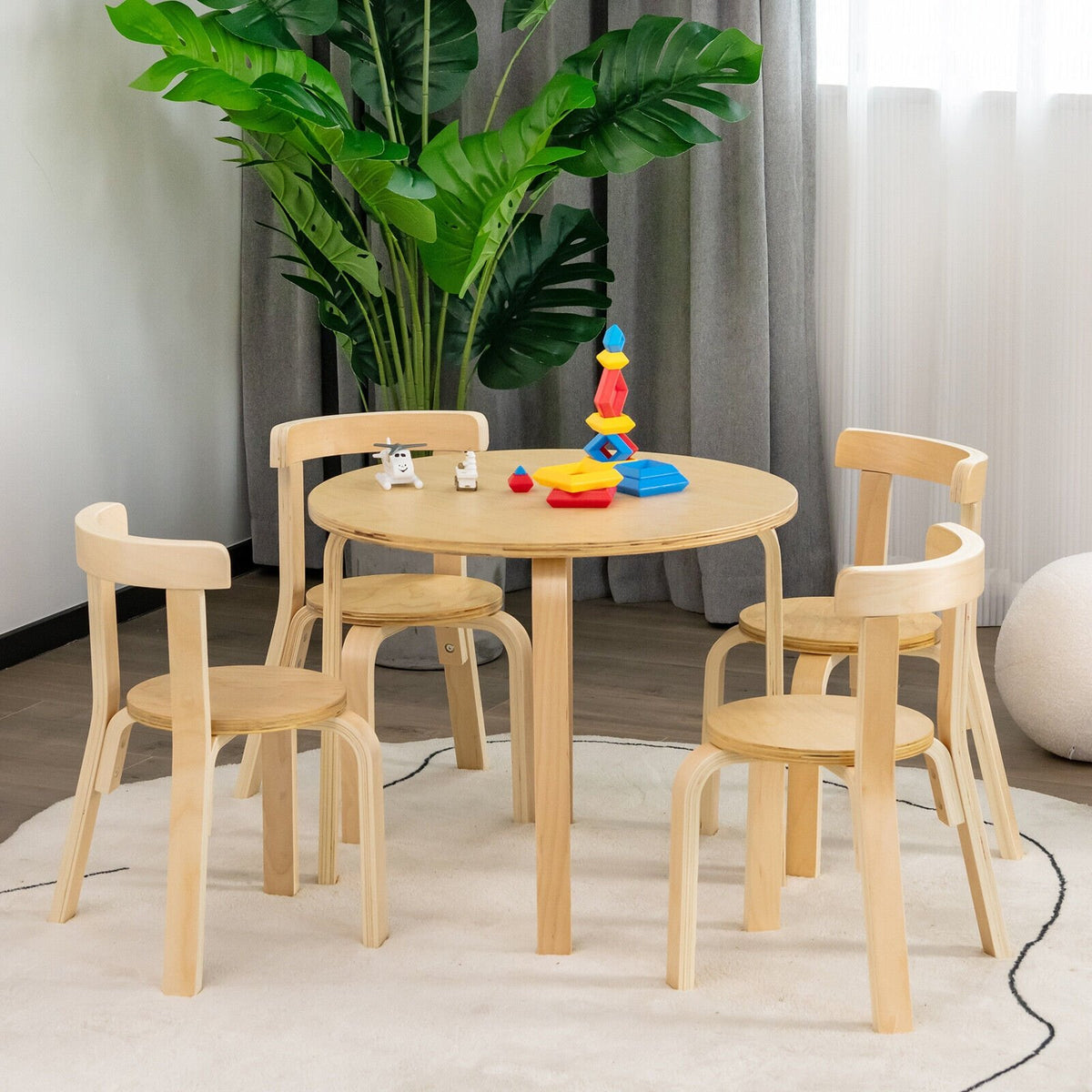 5-Piece Kids Wooden Curved Back Activity Table and Chair Set with Toy Bricks-Natural view 2
