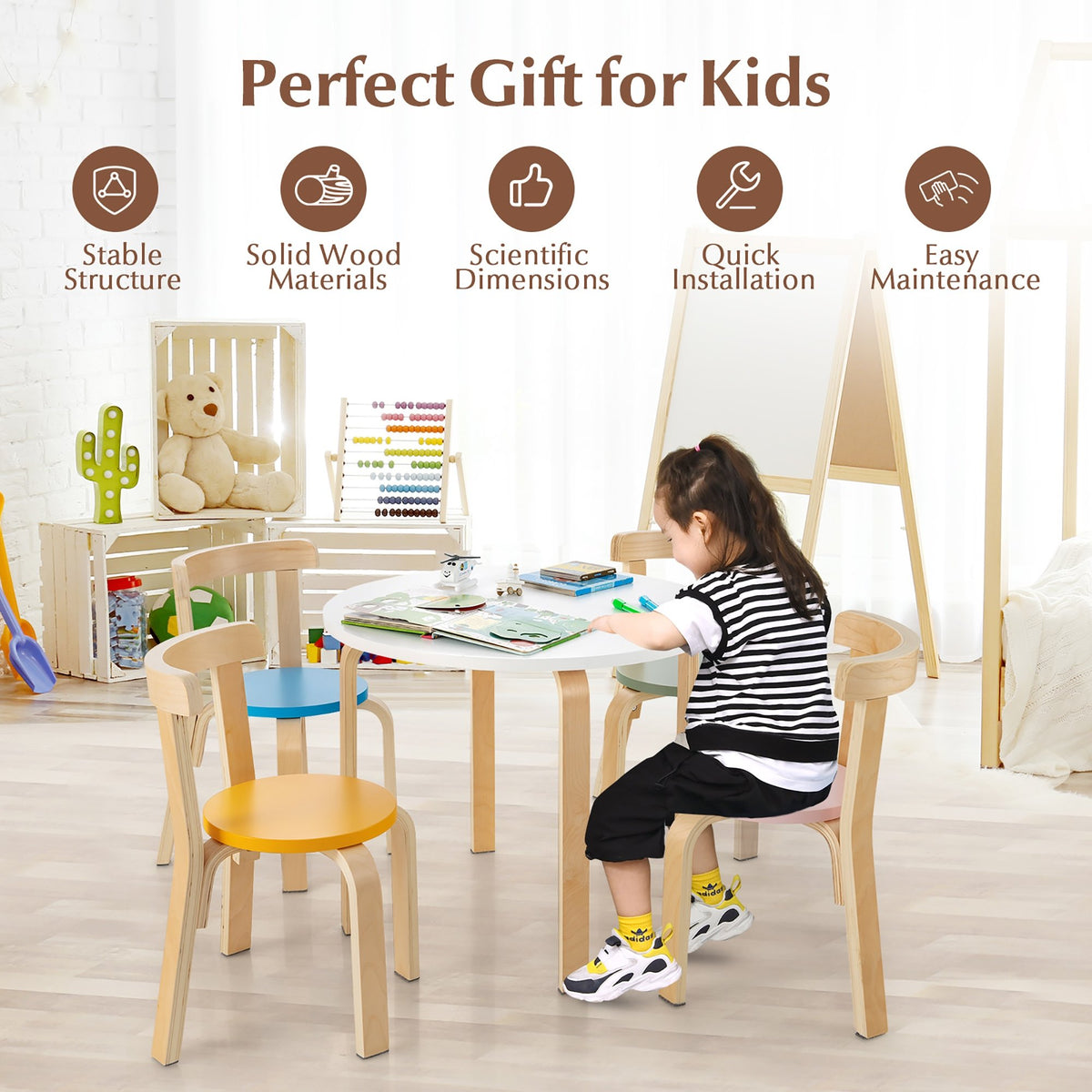 5-Piece Kids Wooden Curved Back Activity Table and Chair Set withToy Bricks view 3