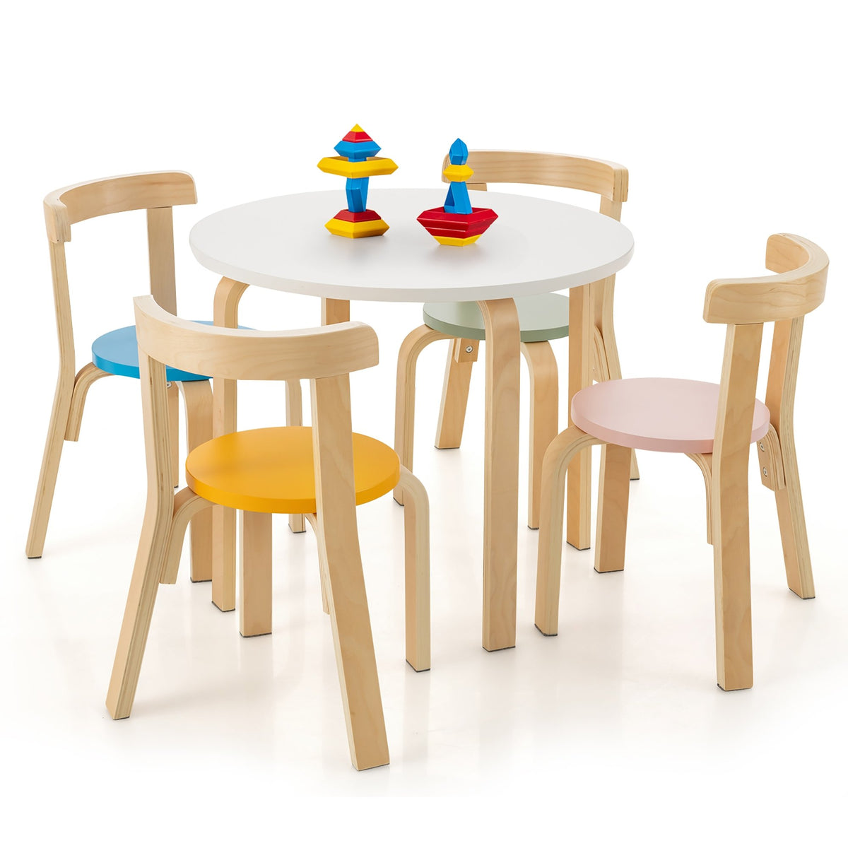 5-Piece Kids Wooden Curved Back Activity Table and Chair Set withToy Bricks view 4