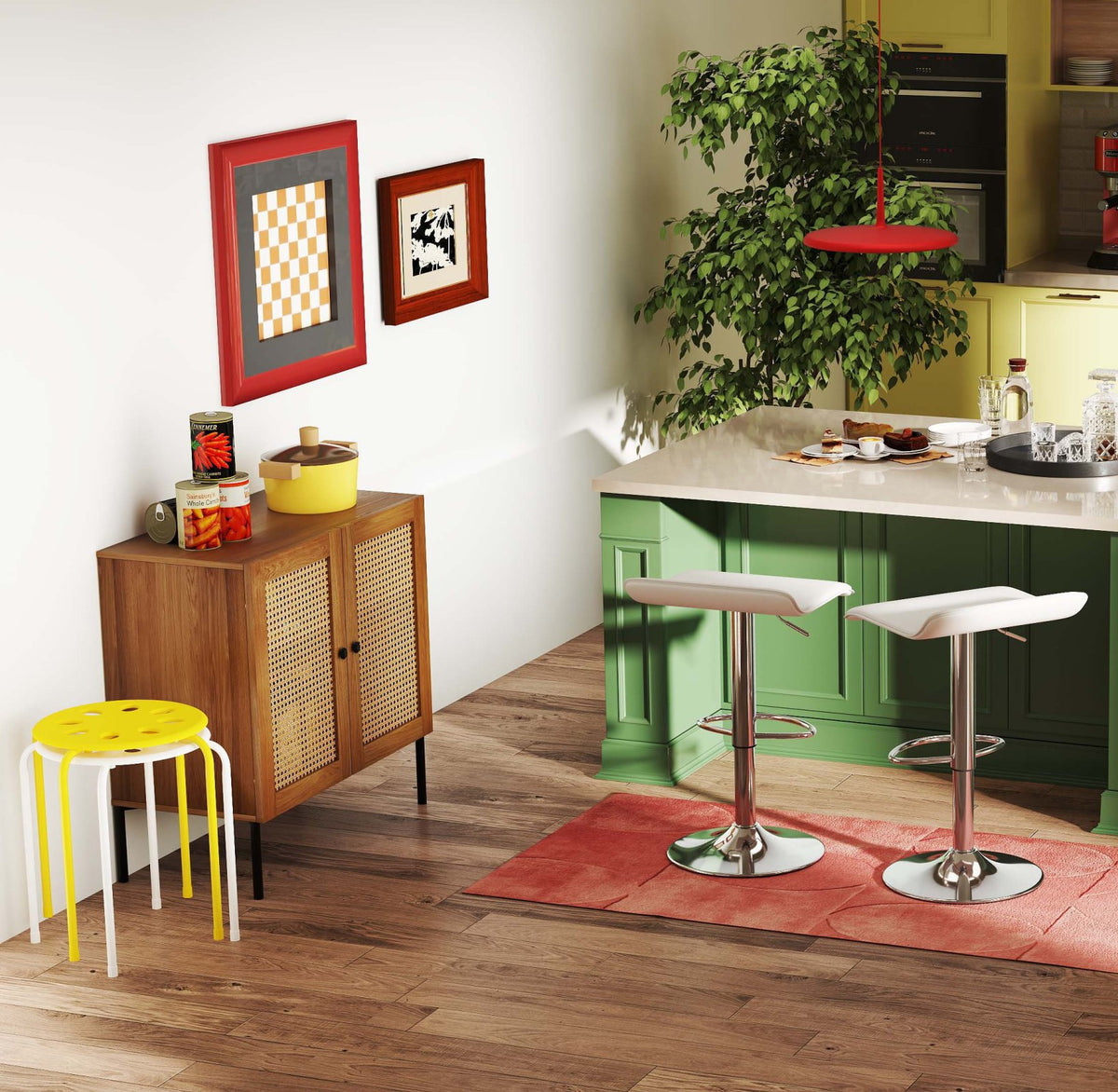 5-Piece Kitchen & Dining Bundle: Adjustable Bar Stools (Set of 2) + Stackable Stools (Set of 6) + Rattan Storage Sideboard