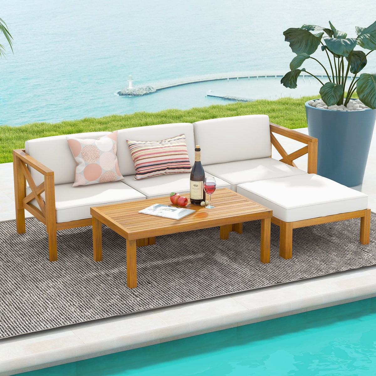 5 Piece Outdoor Conversation Furniture Set with 3 Chairs 1 Ottoman and 1 Coffee Table-White view 2