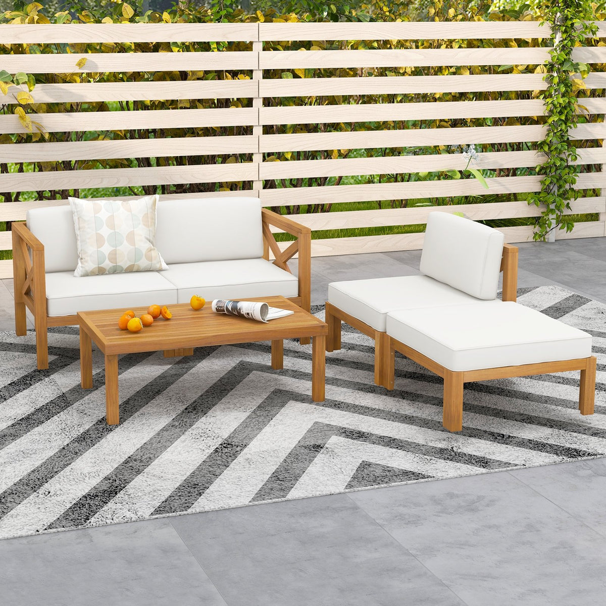 5 Piece Outdoor Conversation Furniture Set with 3 Chairs 1 Ottoman and 1 Coffee Table-White view 3