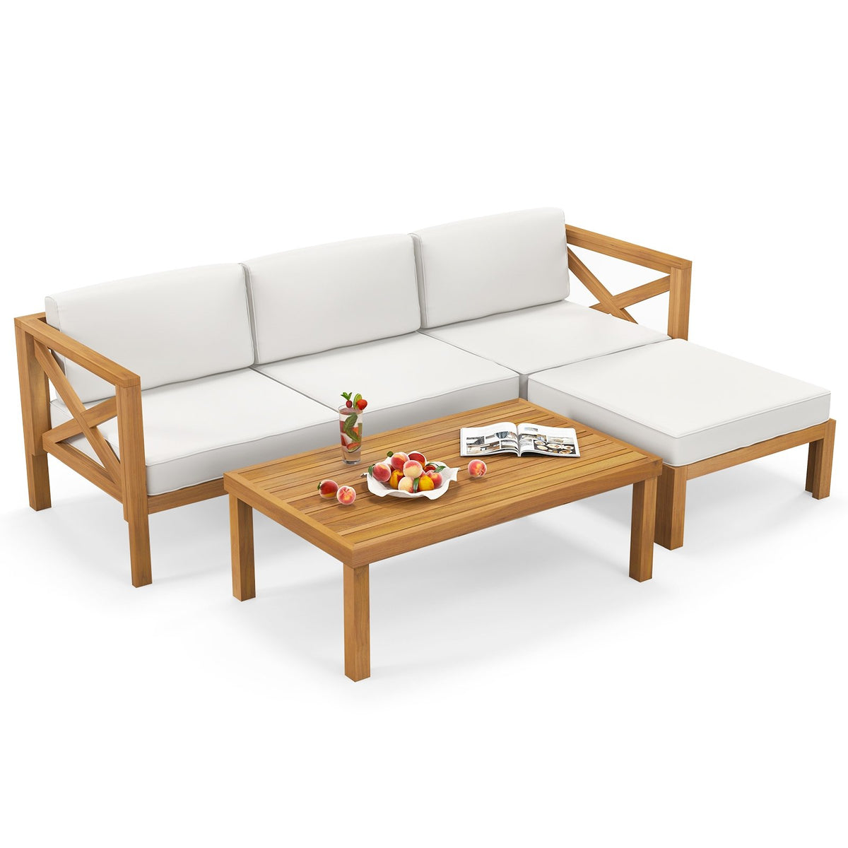 5 Piece Outdoor Conversation Furniture Set with 3 Chairs 1 Ottoman and 1 Coffee Table-White view 4