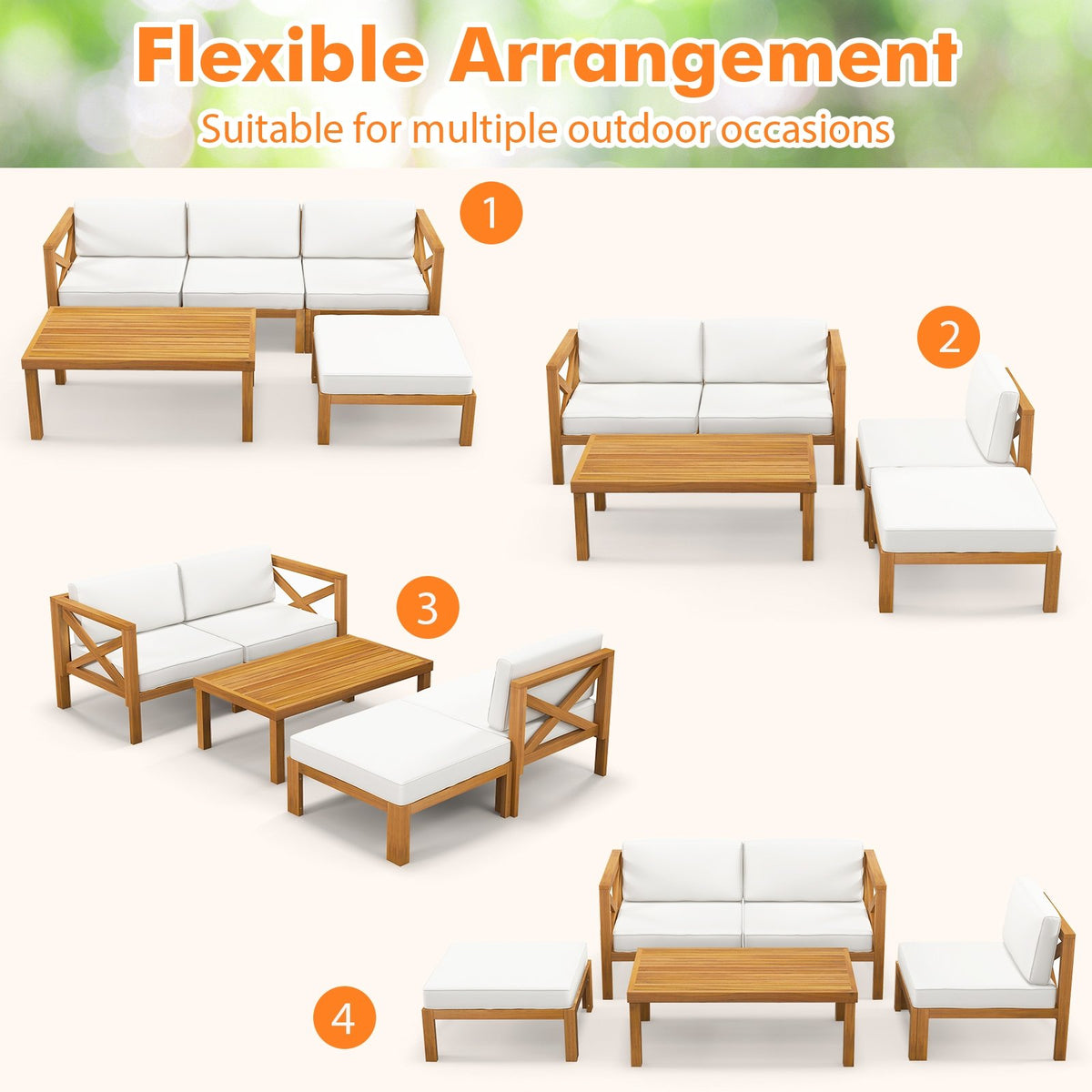 5 Piece Outdoor Conversation Furniture Set with 3 Chairs 1 Ottoman and 1 Coffee Table-White view 6