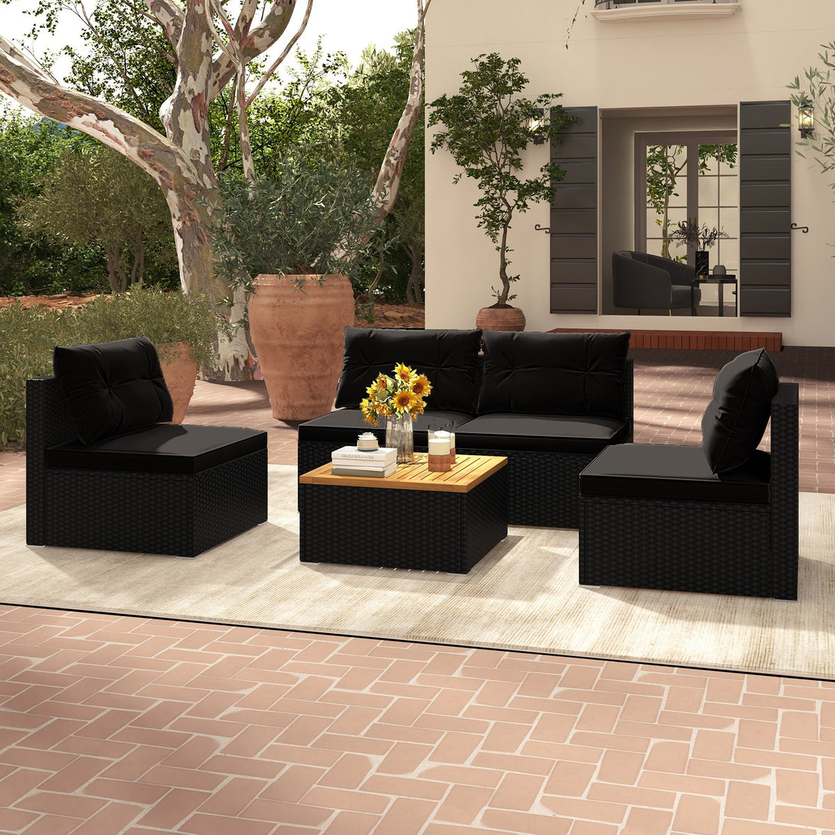 5 Piece Outdoor Furniture Set with Solid Tabletop and Soft Cushions-Black view 3