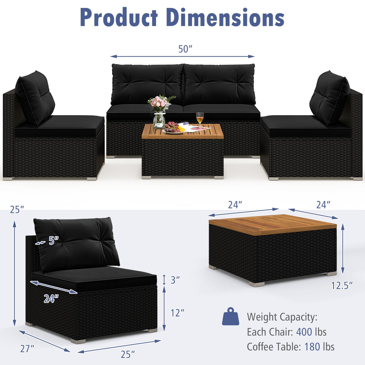 5 Piece Outdoor Furniture Set with Solid Tabletop and Soft Cushions-Black view 5