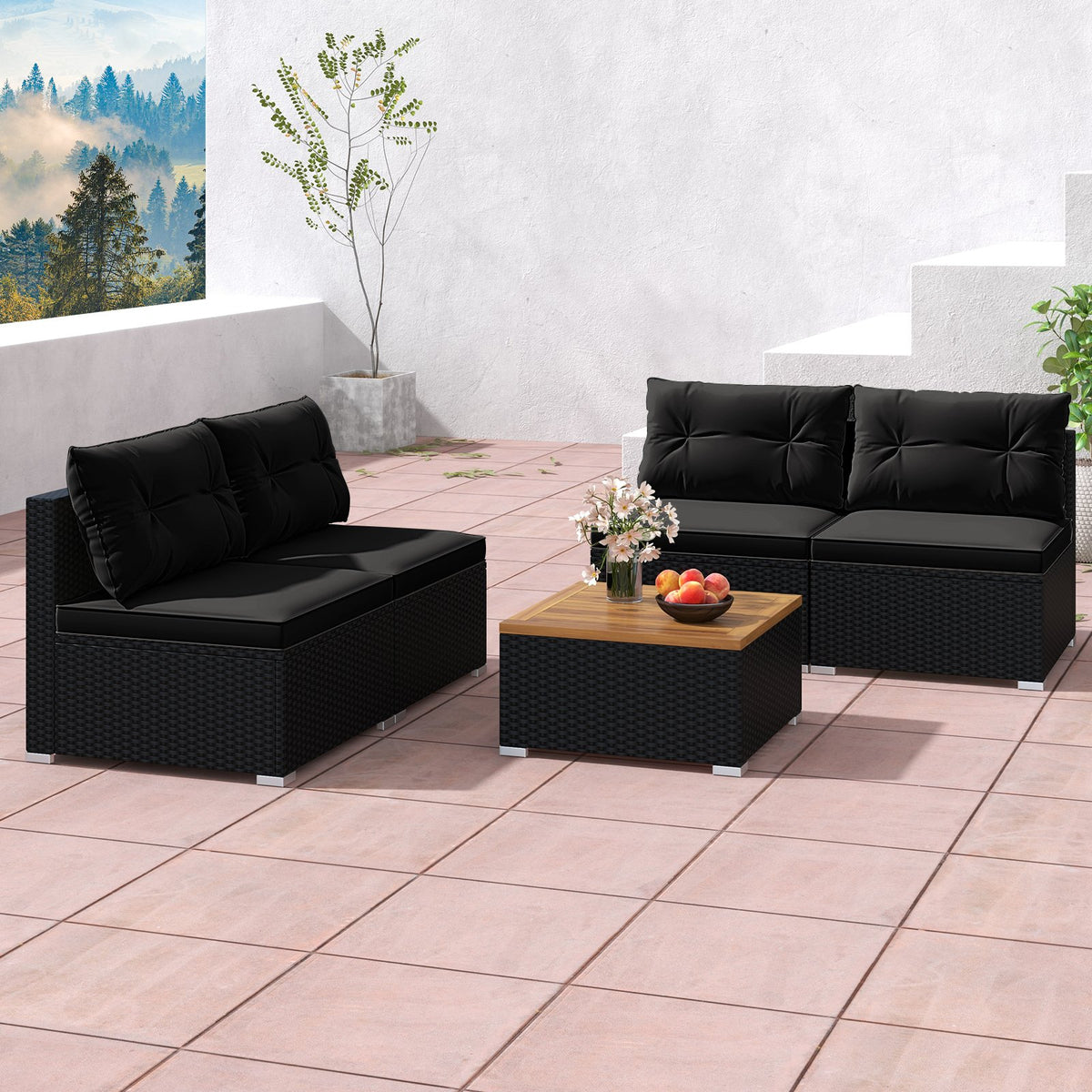 5 Piece Outdoor Furniture Set with Solid Tabletop and Soft Cushions-Black view 6