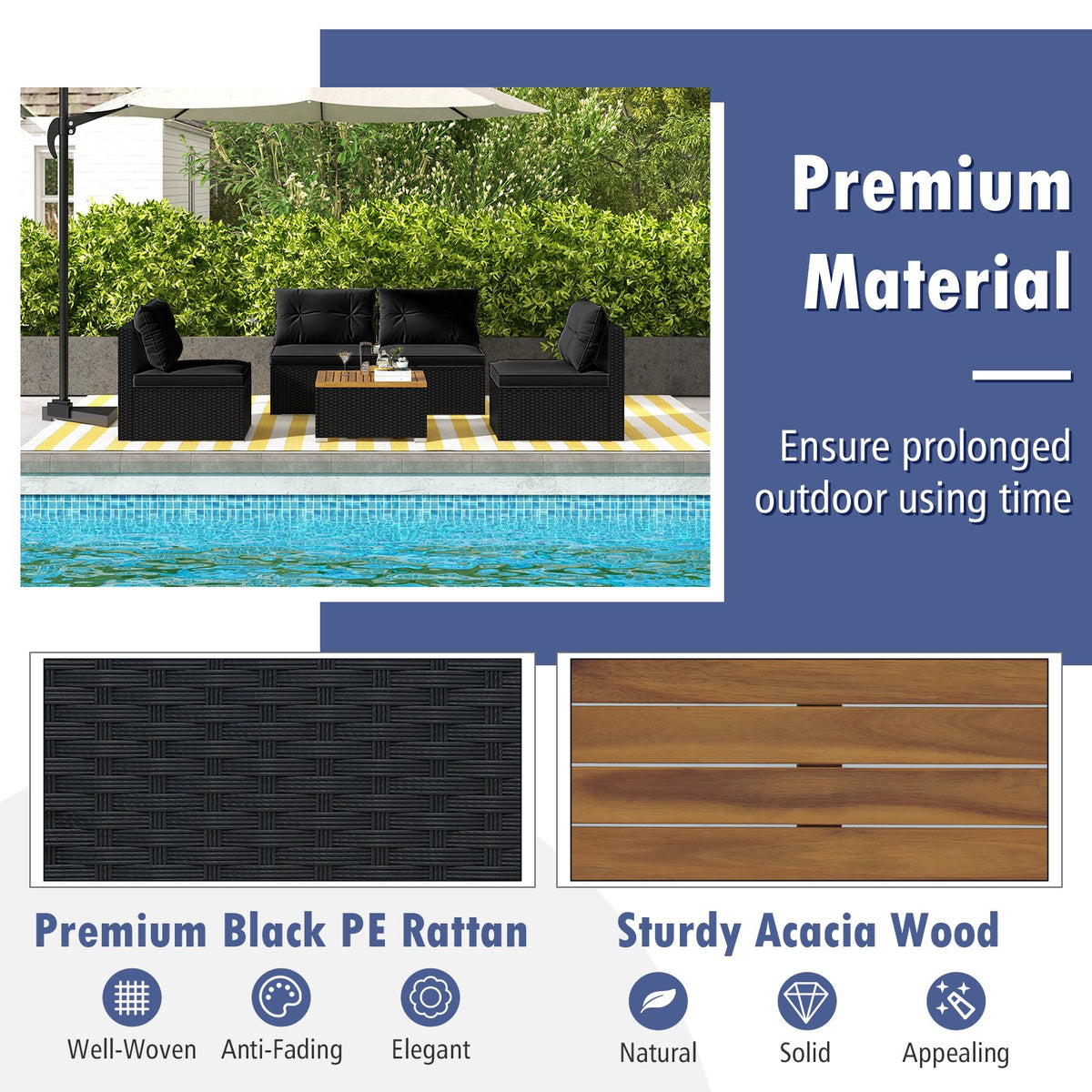 5 Piece Outdoor Furniture Set with Solid Tabletop and Soft Cushions-Black view 7