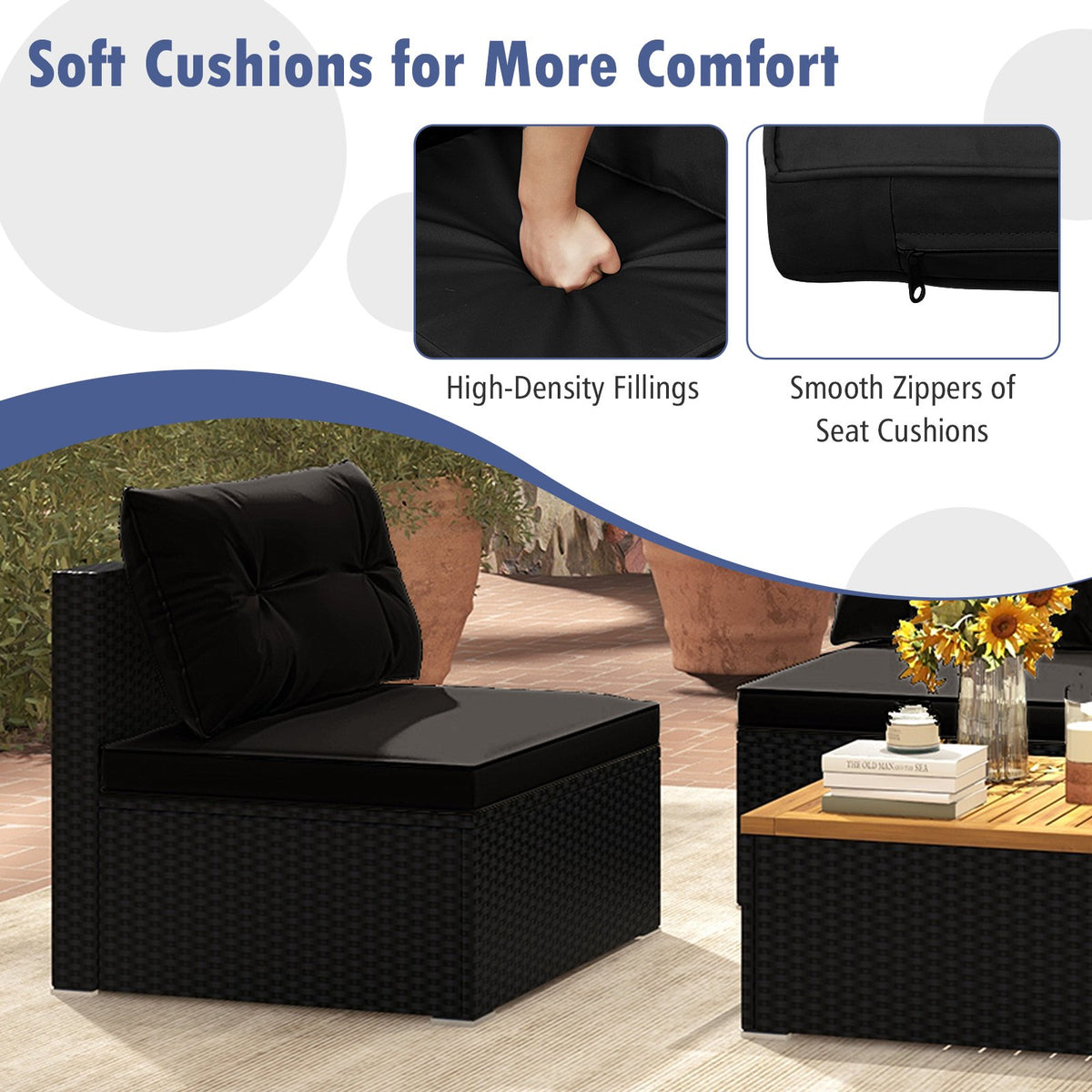 5 Piece Outdoor Furniture Set with Solid Tabletop and Soft Cushions-Black view 8