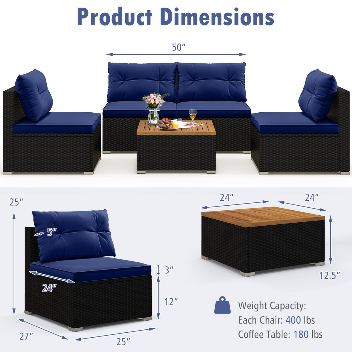 5 Piece Outdoor Furniture Set with Solid Tabletop and Soft Cushions-Navy view 5