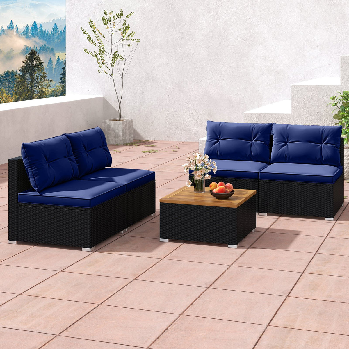 5 Piece Outdoor Furniture Set with Solid Tabletop and Soft Cushions-Navy view 6
