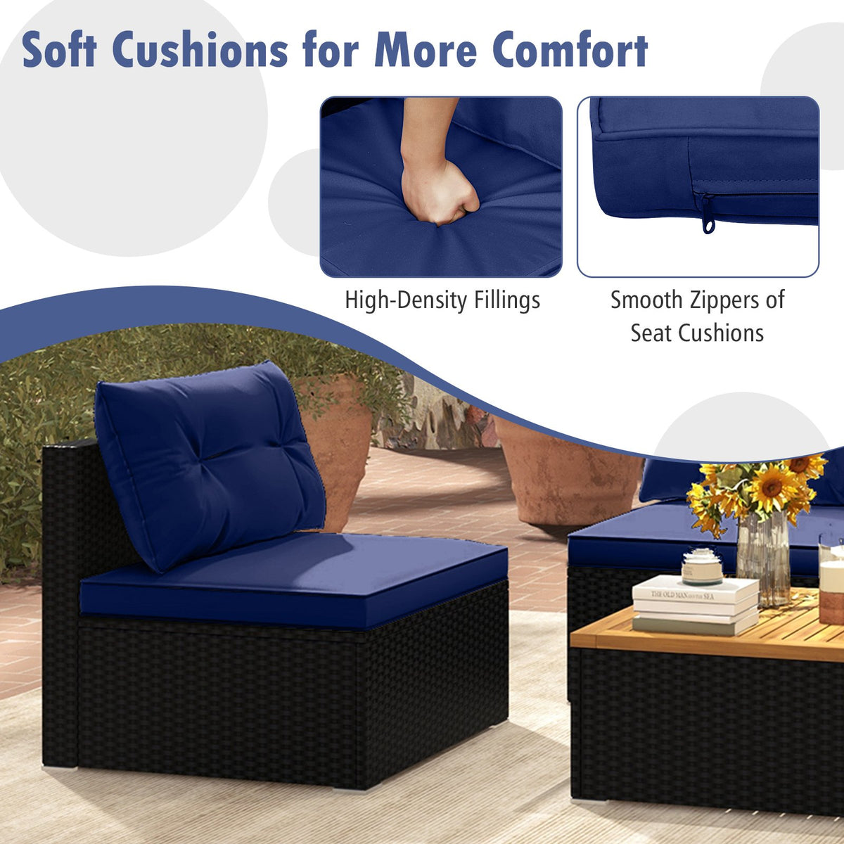 5 Piece Outdoor Furniture Set with Solid Tabletop and Soft Cushions-Navy view 8