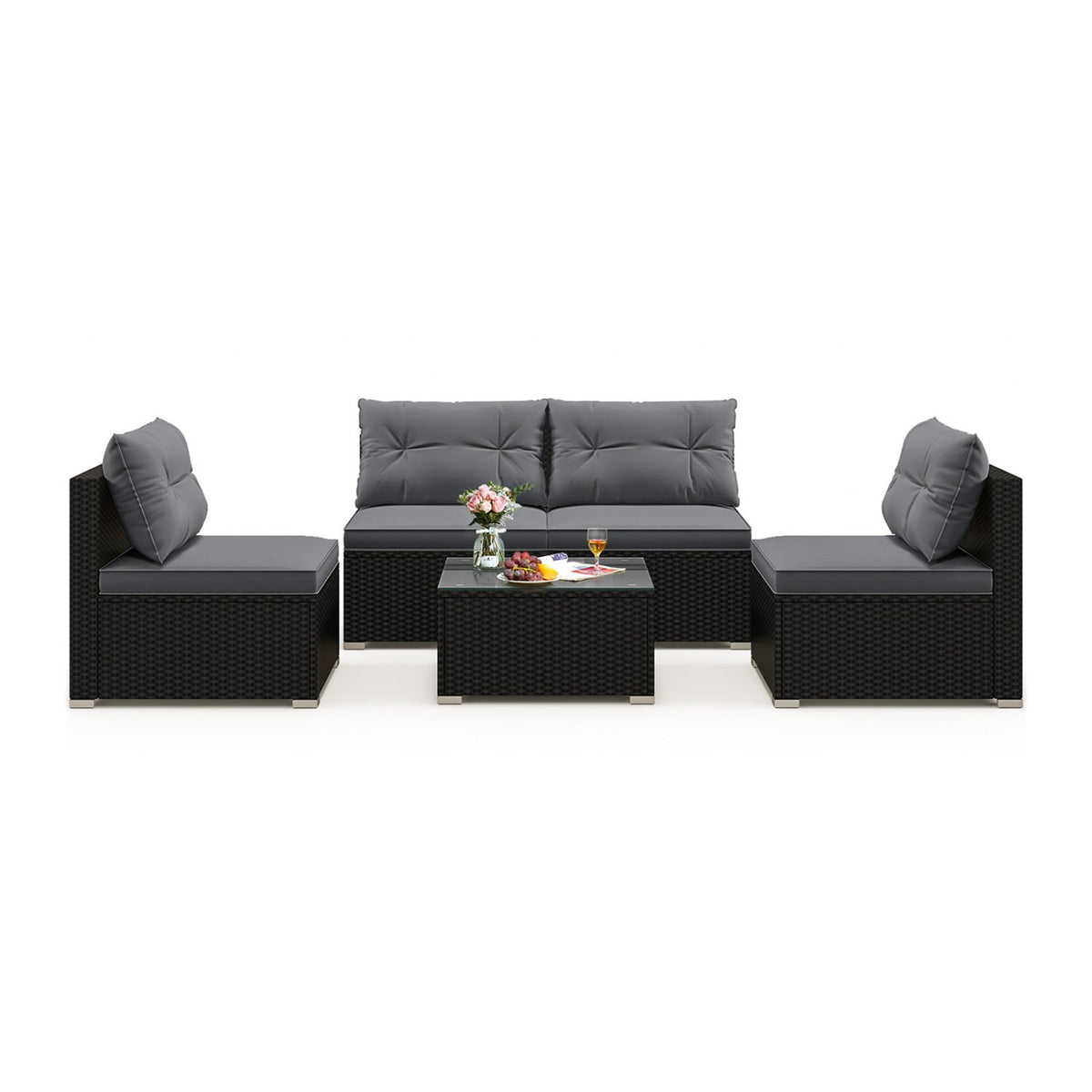 5-Piece Outdoor Patio Furniture Set with Cushions and Coffee Table-Gray