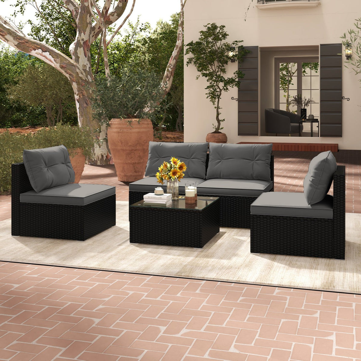 5-Piece Outdoor Patio Furniture Set with Cushions and Coffee Table-Gray view 3