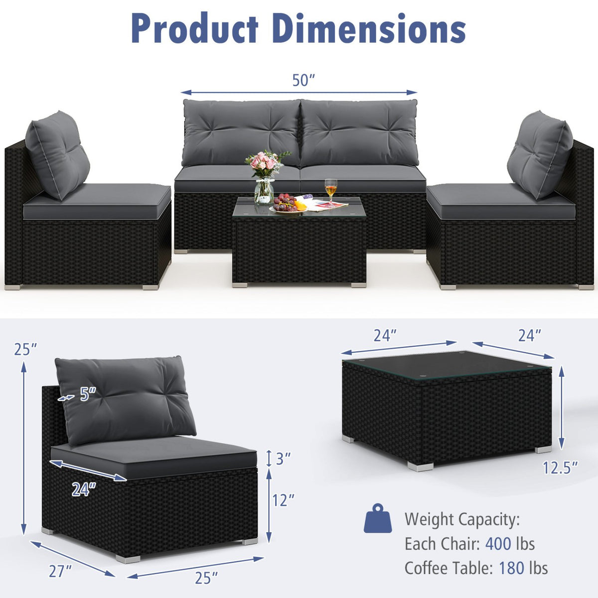 5-Piece Outdoor Patio Furniture Set with Cushions and Coffee Table-Gray view 5