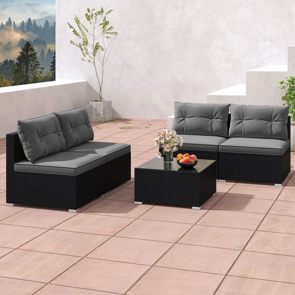 5-Piece Outdoor Patio Furniture Set with Cushions and Coffee Table-Gray view 6