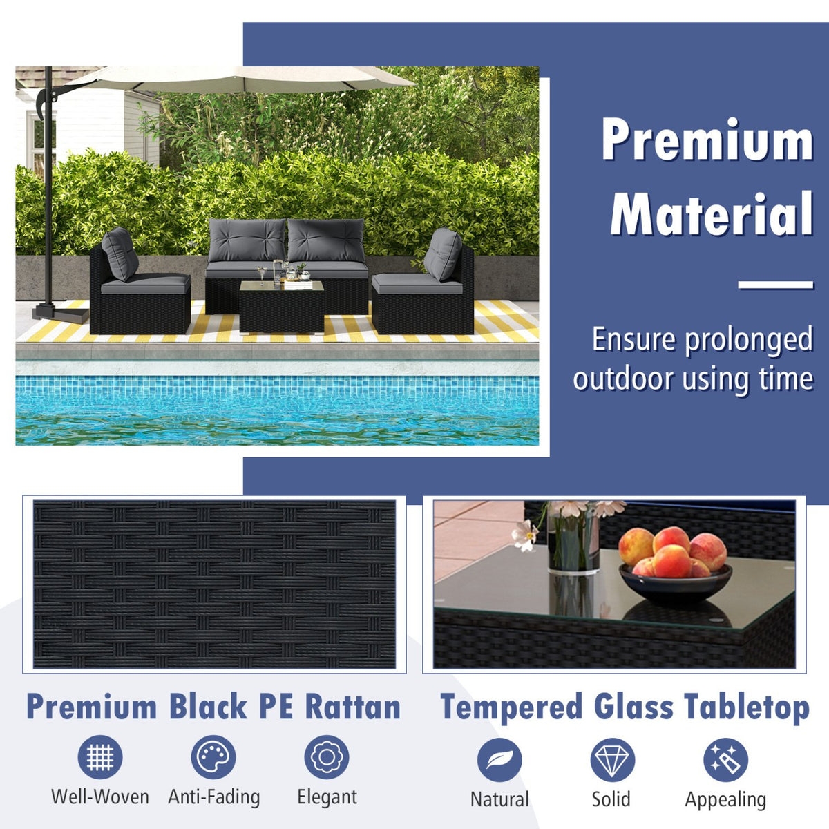 5-Piece Outdoor Patio Furniture Set with Cushions and Coffee Table-Gray view 7