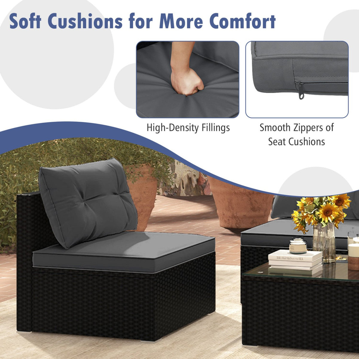 5-Piece Outdoor Patio Furniture Set with Cushions and Coffee Table-Gray view 8