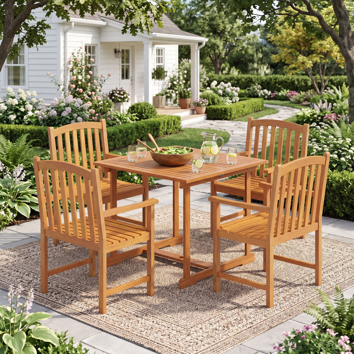 5-Piece Outdoor Square Patio Dining Set for 4 with Acacia Table & Armchairs view 3