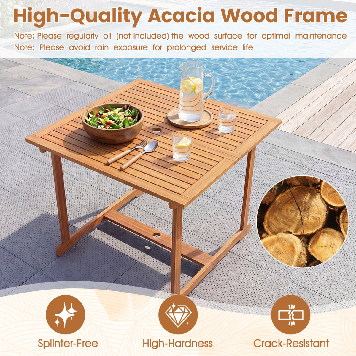 5-Piece Outdoor Square Patio Dining Set for 4 with Acacia Table & Armchairs view 8