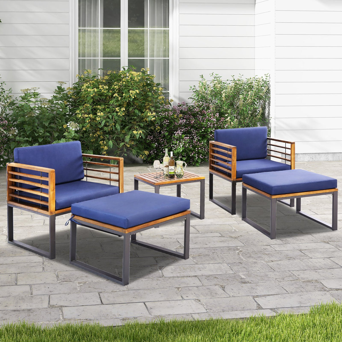 5 Pieces Patio Acacia Wood Chair Set with Ottomans and Coffee Table-Navy view 2