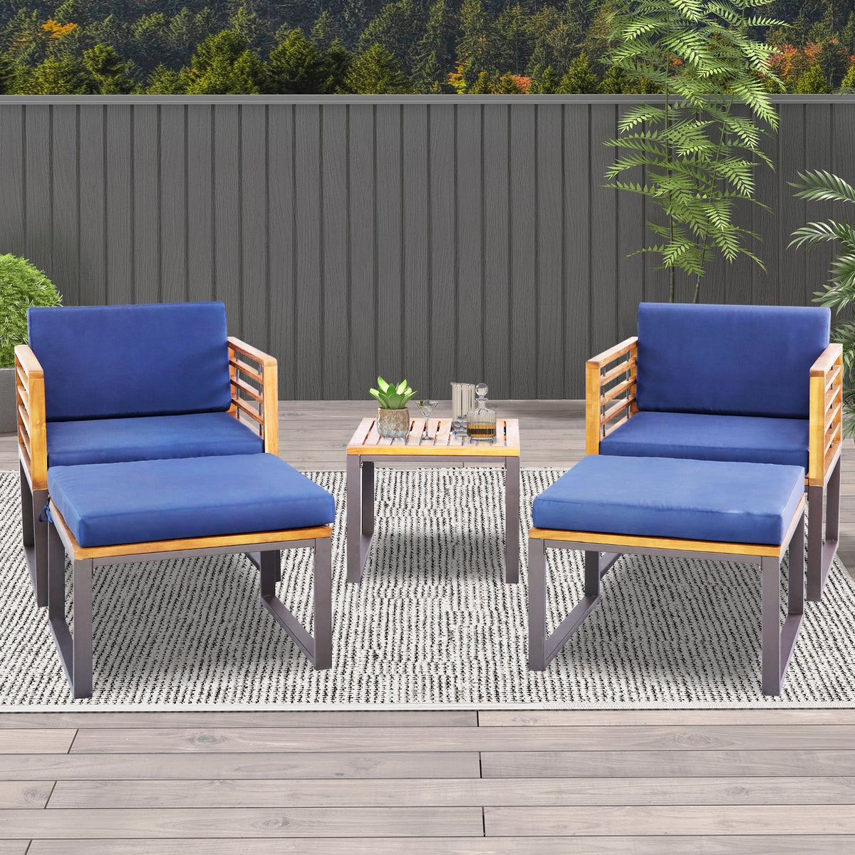 5 Pieces Patio Acacia Wood Chair Set with Ottomans and Coffee Table-Navy view 3