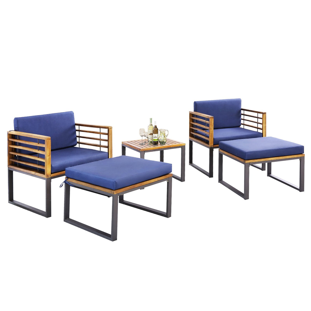 5 Pieces Patio Acacia Wood Chair Set with Ottomans and Coffee Table-Navy view 4