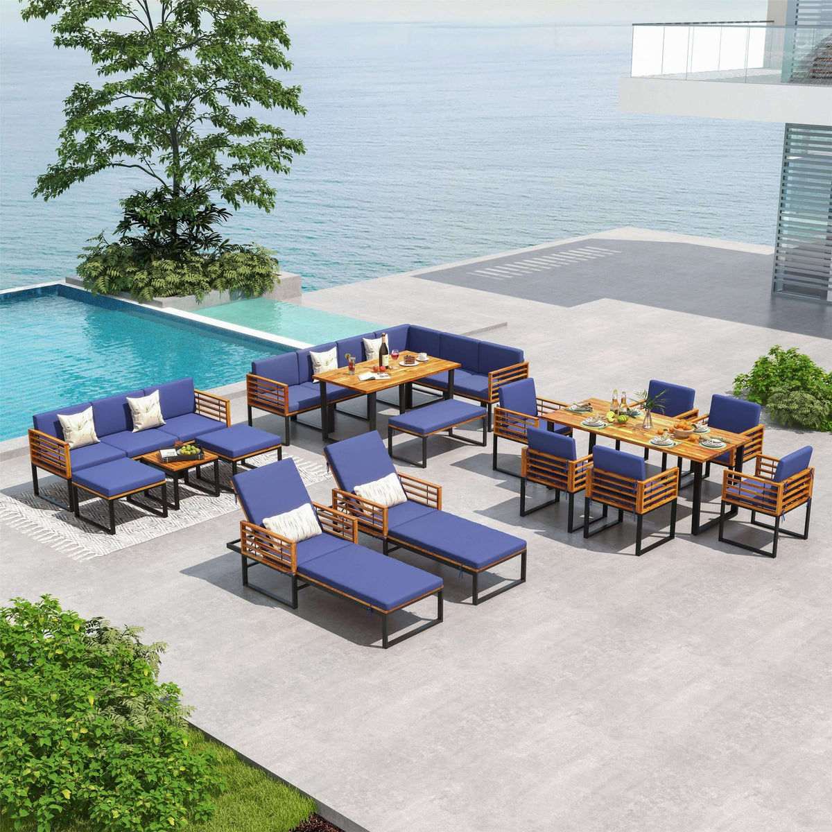 5 Pieces Patio Acacia Wood Chair Set with Ottomans and Coffee Table-Navy view 6