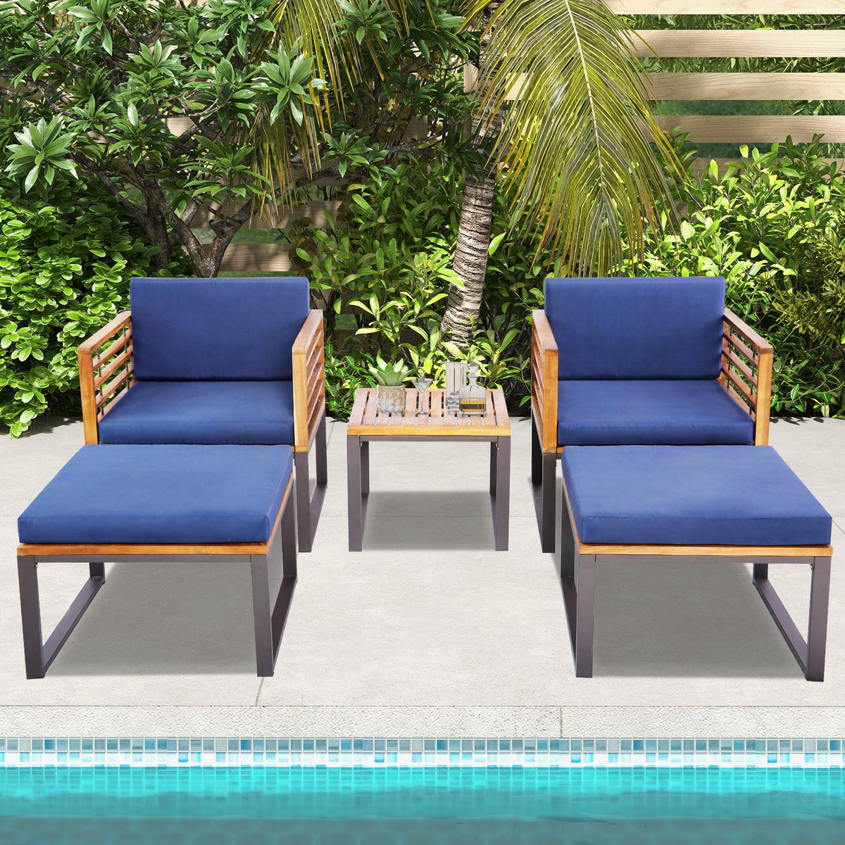 5 Pieces Patio Acacia Wood Chair Set with Ottomans and Coffee Table-Navy view 7