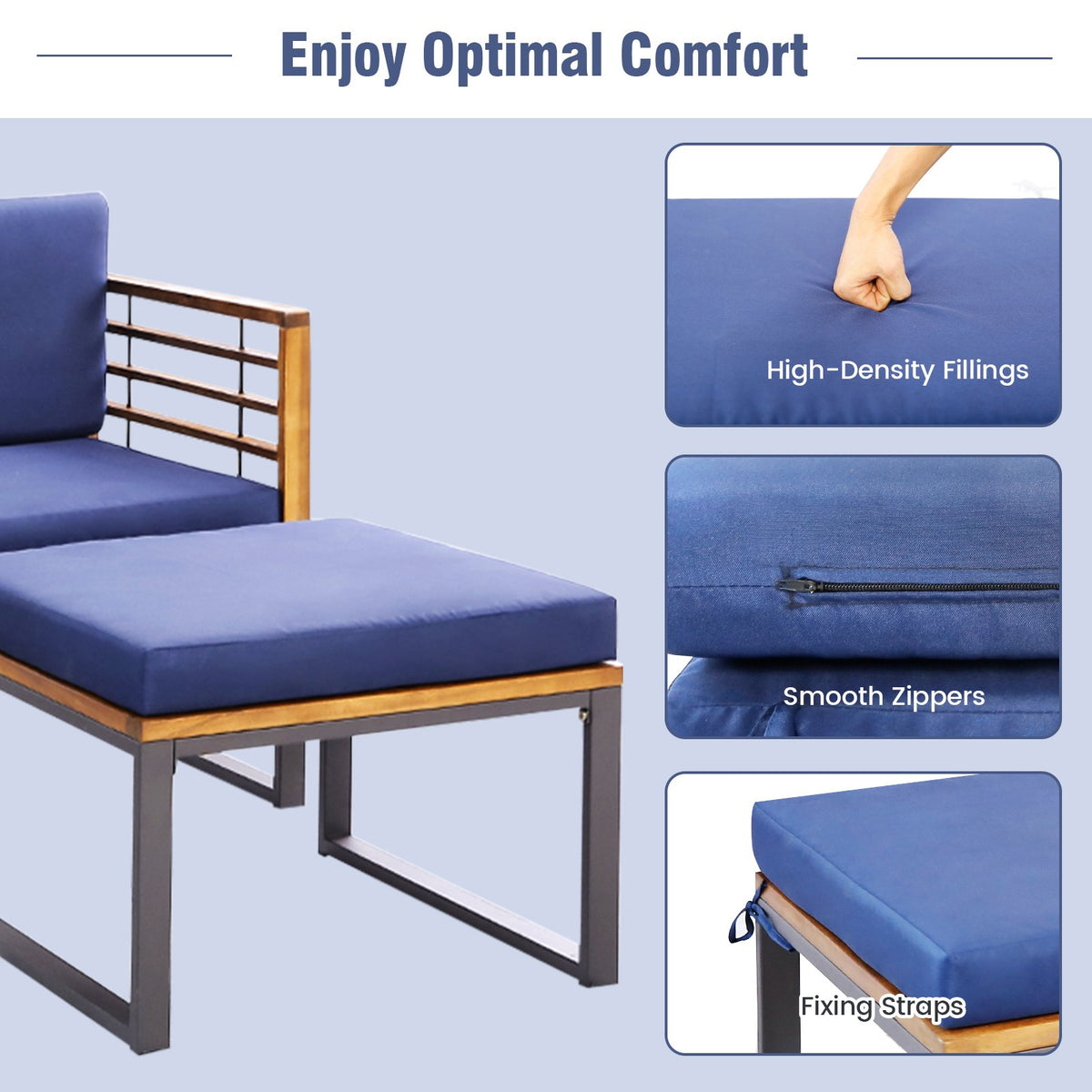 5 Pieces Patio Acacia Wood Chair Set with Ottomans and Coffee Table-Navy view 8