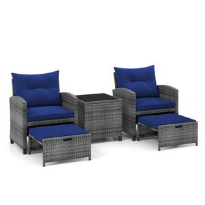 5 Piece Patio Rattan Furniture with 2 Ottomans and Tempered Glass Coffee Table-Navy view 4