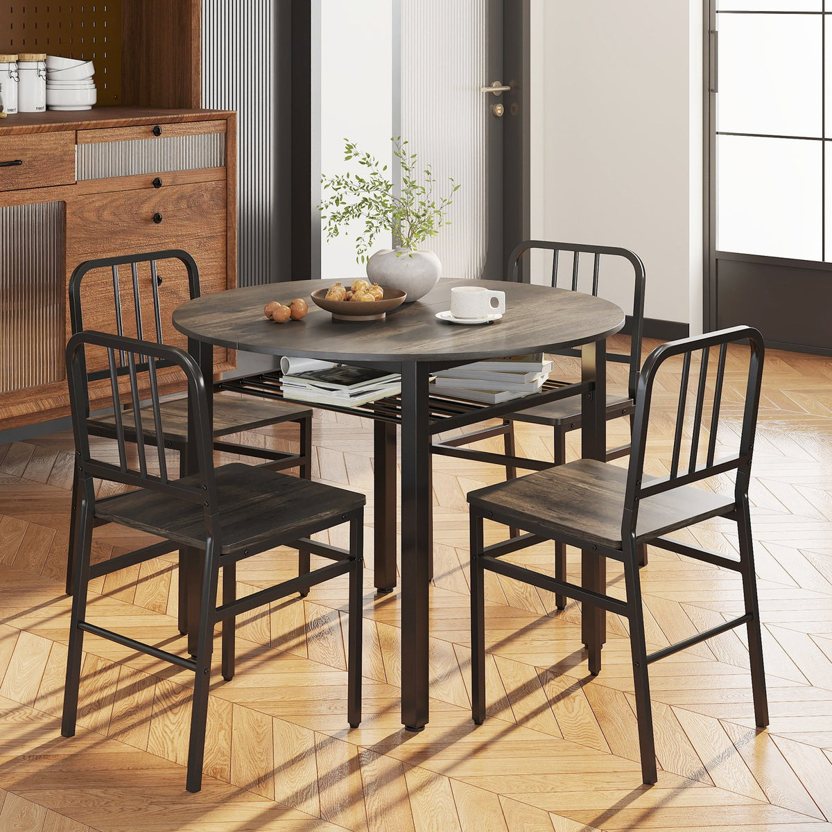 5-Piece Round Dining Table Set with Storage Shelf for Dining Room-Gray view 2