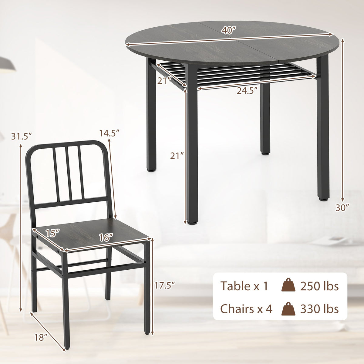 5-Piece Round Dining Table Set with Storage Shelf for Dining Room-Gray view 5