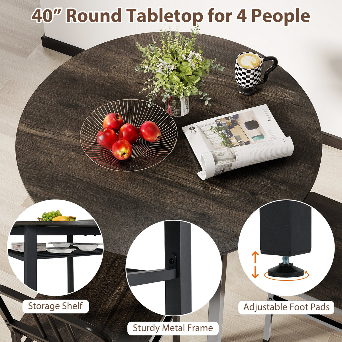5-Piece Round Dining Table Set with Storage Shelf for Dining Room-Gray view 8