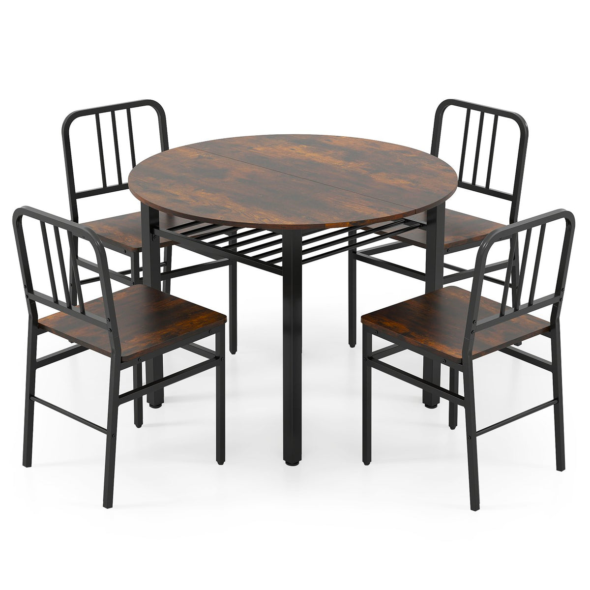 5-Piece Round Dining Table Set with Storage Shelf for Dining Room-Rustic Brown