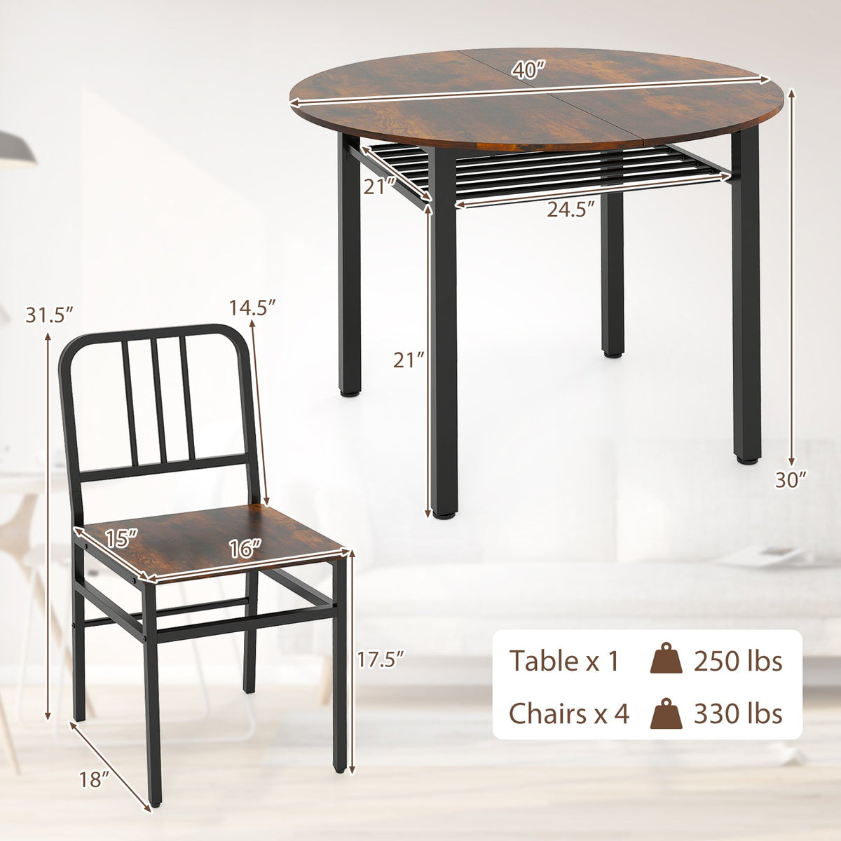 5-Piece Round Dining Table Set with Storage Shelf for Dining Room-Rustic Brown view 5