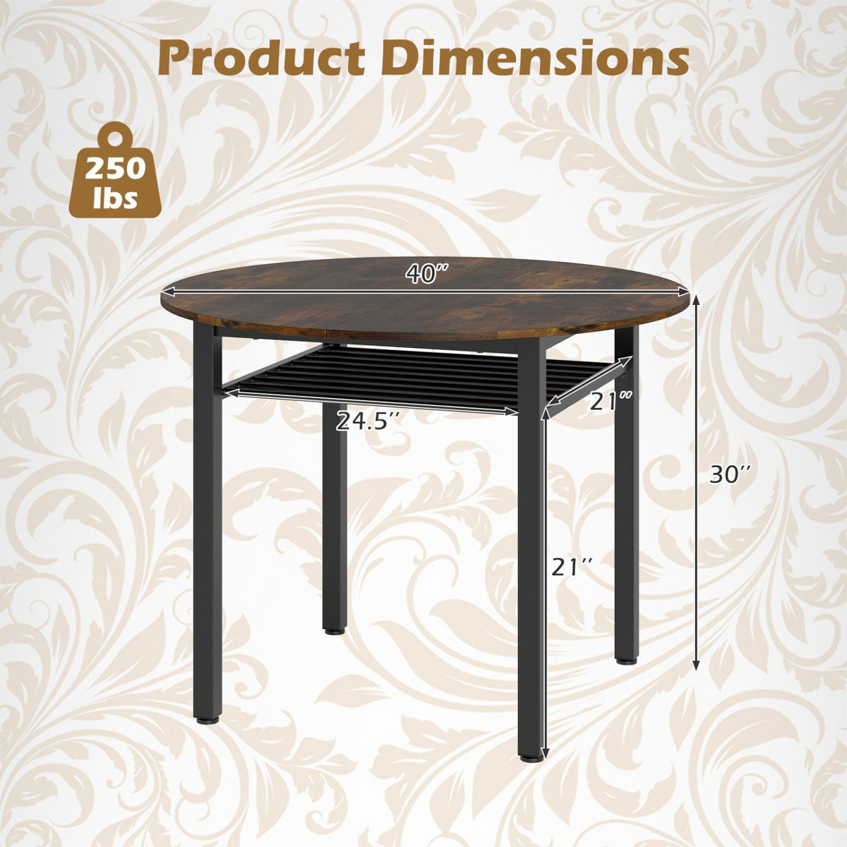 5-Piece Round Dining Table Set with Storage Shelf for Dining Room-Rustic Brown view 7