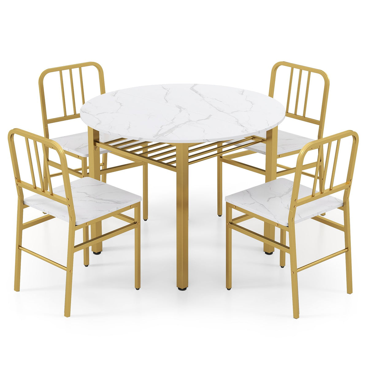 5-Piece Round Dining Table Set with Storage Shelf for Dining Room-White