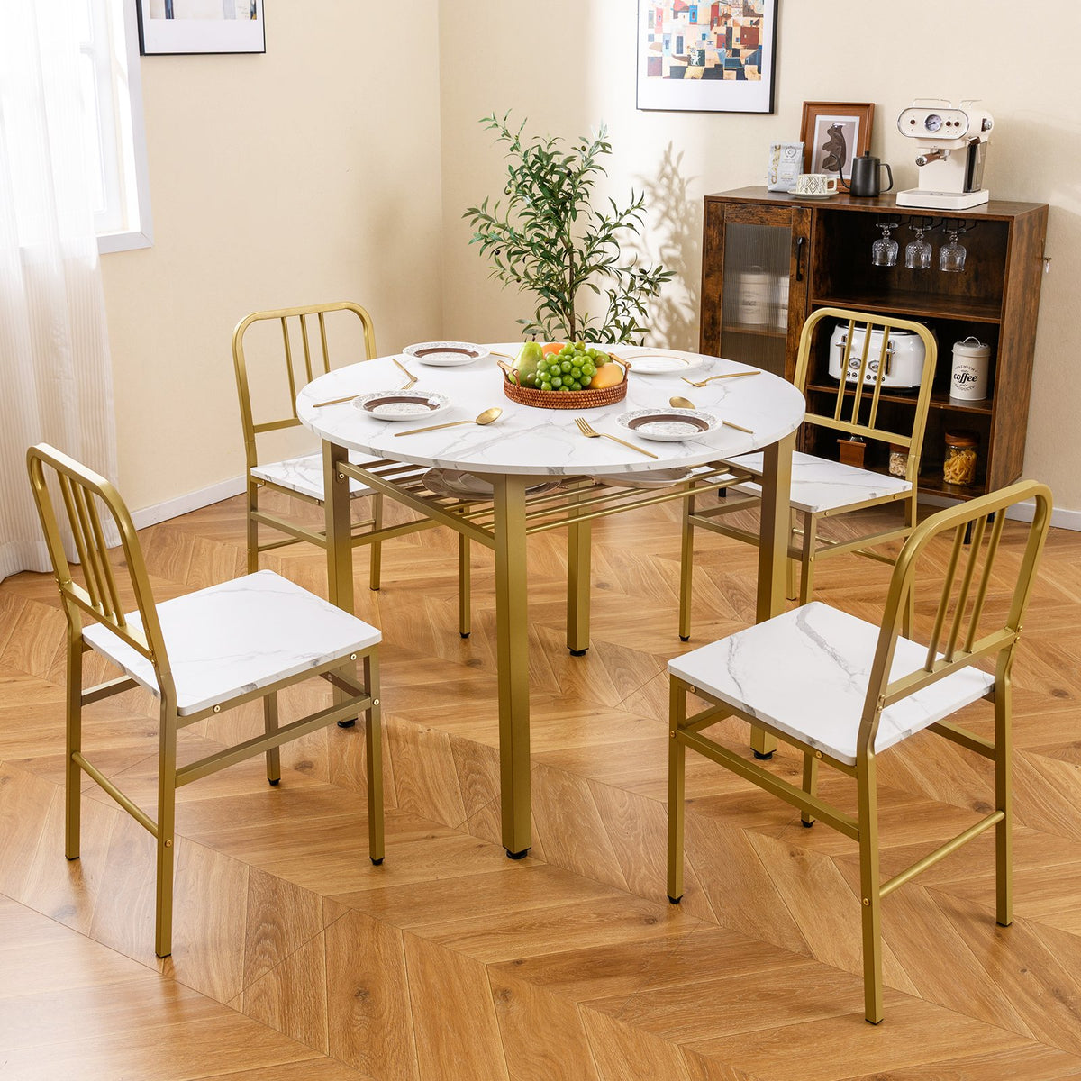 5-Piece Round Dining Table Set with Storage Shelf for Dining Room-White view 3