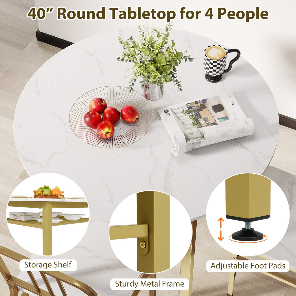 5-Piece Round Dining Table Set with Storage Shelf for Dining Room-White view 8