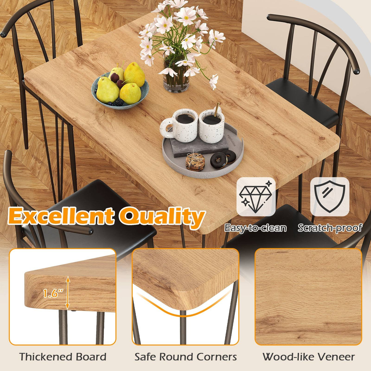 5-Piece Space-saving Dining Table Set Industrial Rectangular Kitchen Table and 4 Armless Chairs-Black view 7