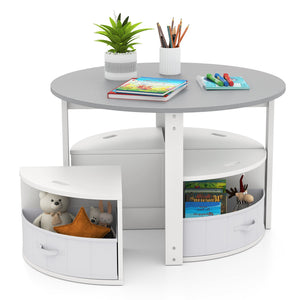 5 Piece Toddler Round Nesting Table with 4 Storage Stools for Activity-Grey view 4