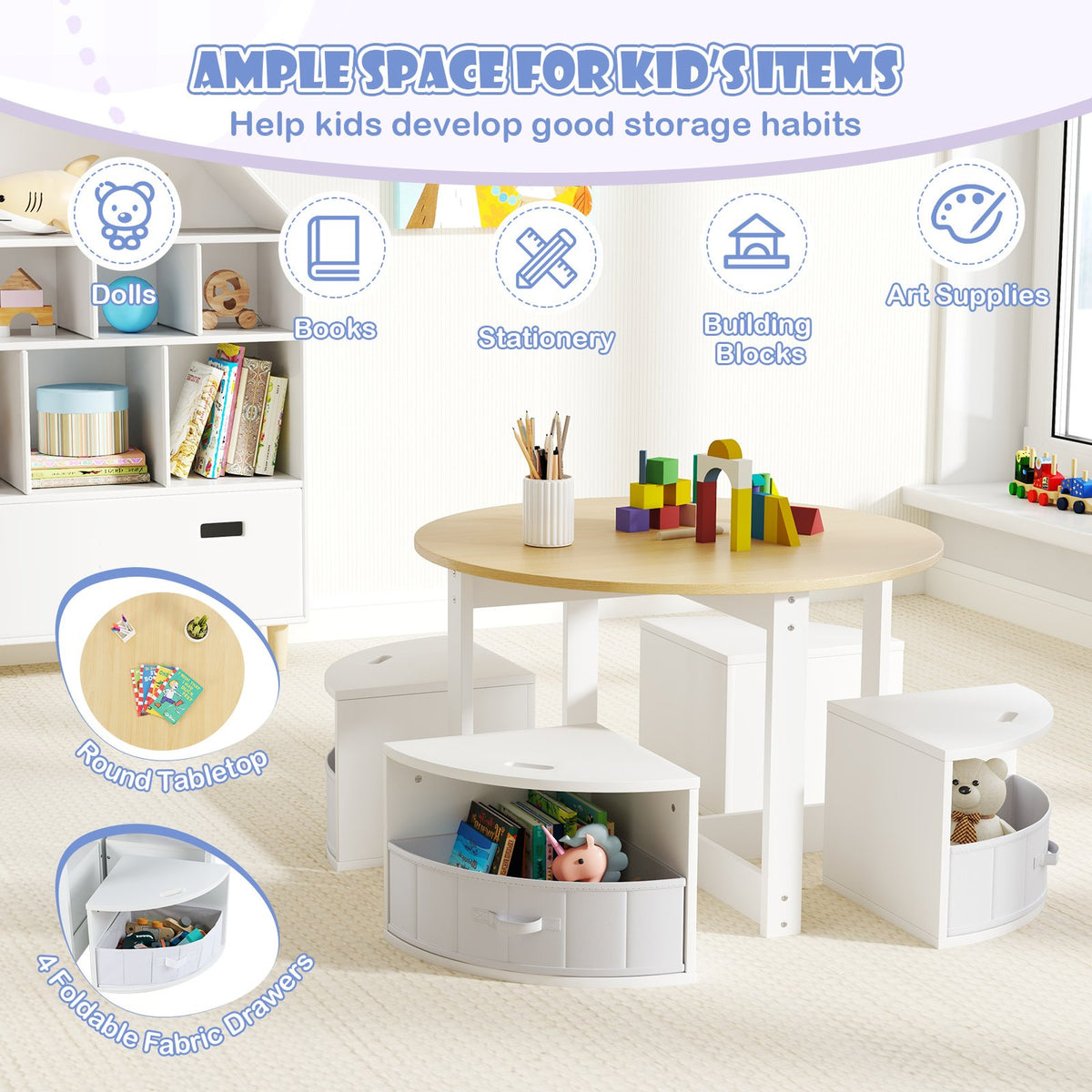 5 Piece Toddler Round Nesting Table with 4 Storage Stools for Activity-Natural view 6