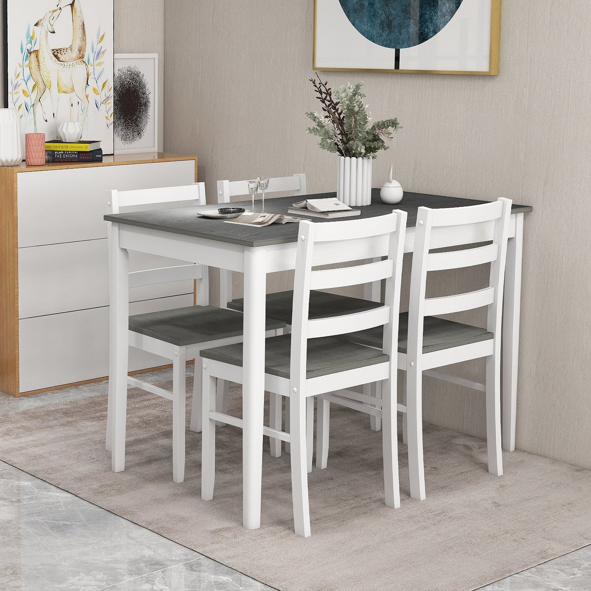 5-Piece Wooden Dining Set with Rectangular Table and 4 Chairs-Gray view 5