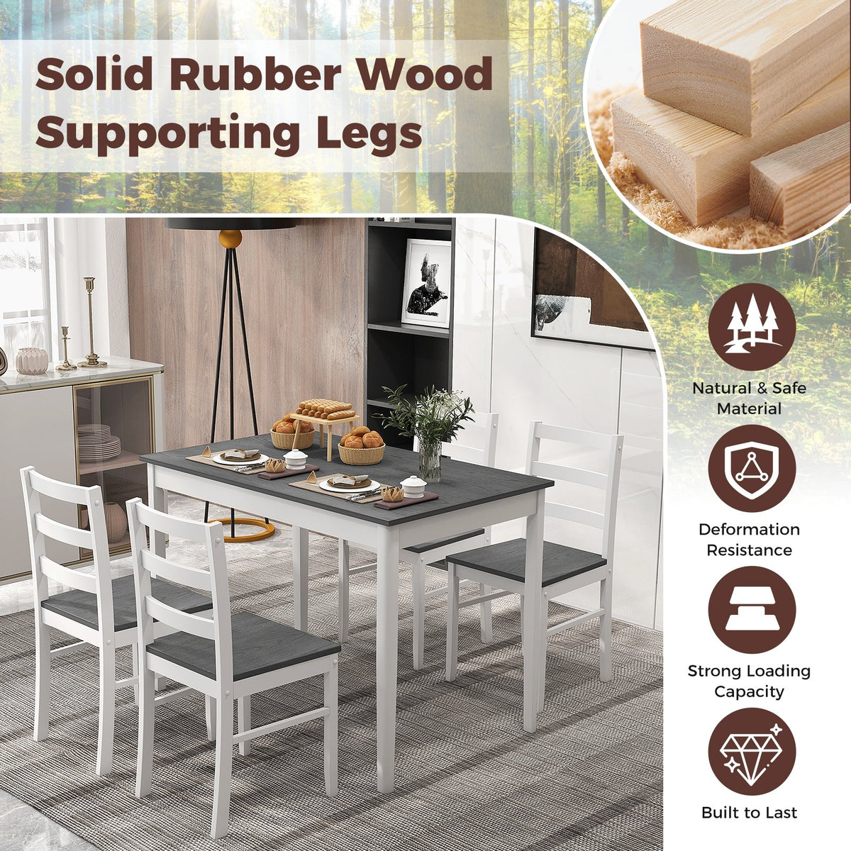 5-Piece Wooden Dining Set with Rectangular Table and 4 Chairs-Gray view 6