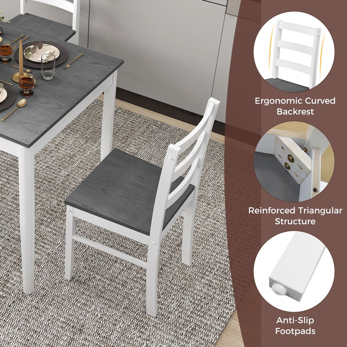 5-Piece Wooden Dining Set with Rectangular Table and 4 Chairs-Gray view 9